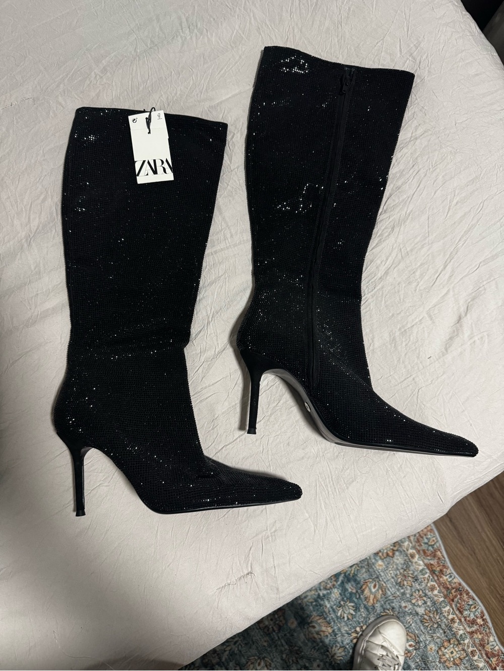 ZARA Black Sparkle Knee-High Stiletto Boots with Pointed Toe